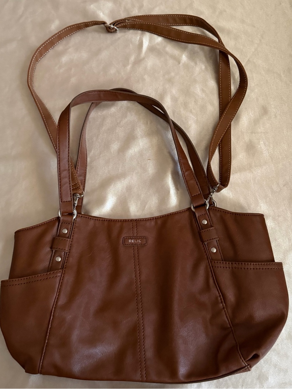 Vintage Relic Brown Faux Leather Double Strap Shoulder Bag w/ Exterior Pockets